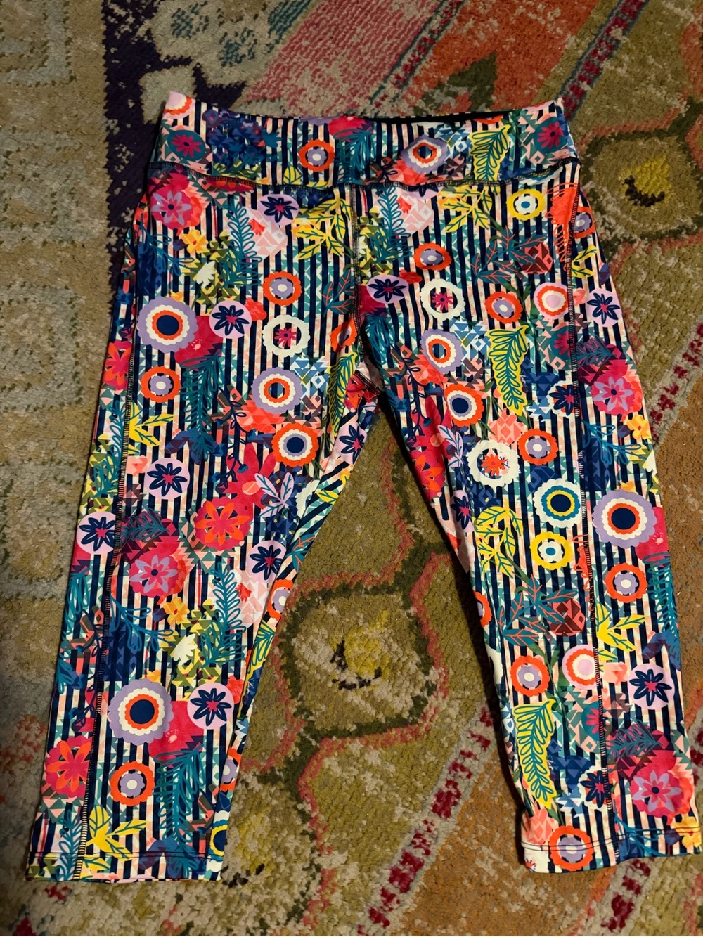 Woman’s Floral Stripe Active Capri Leggings- Multicolor
